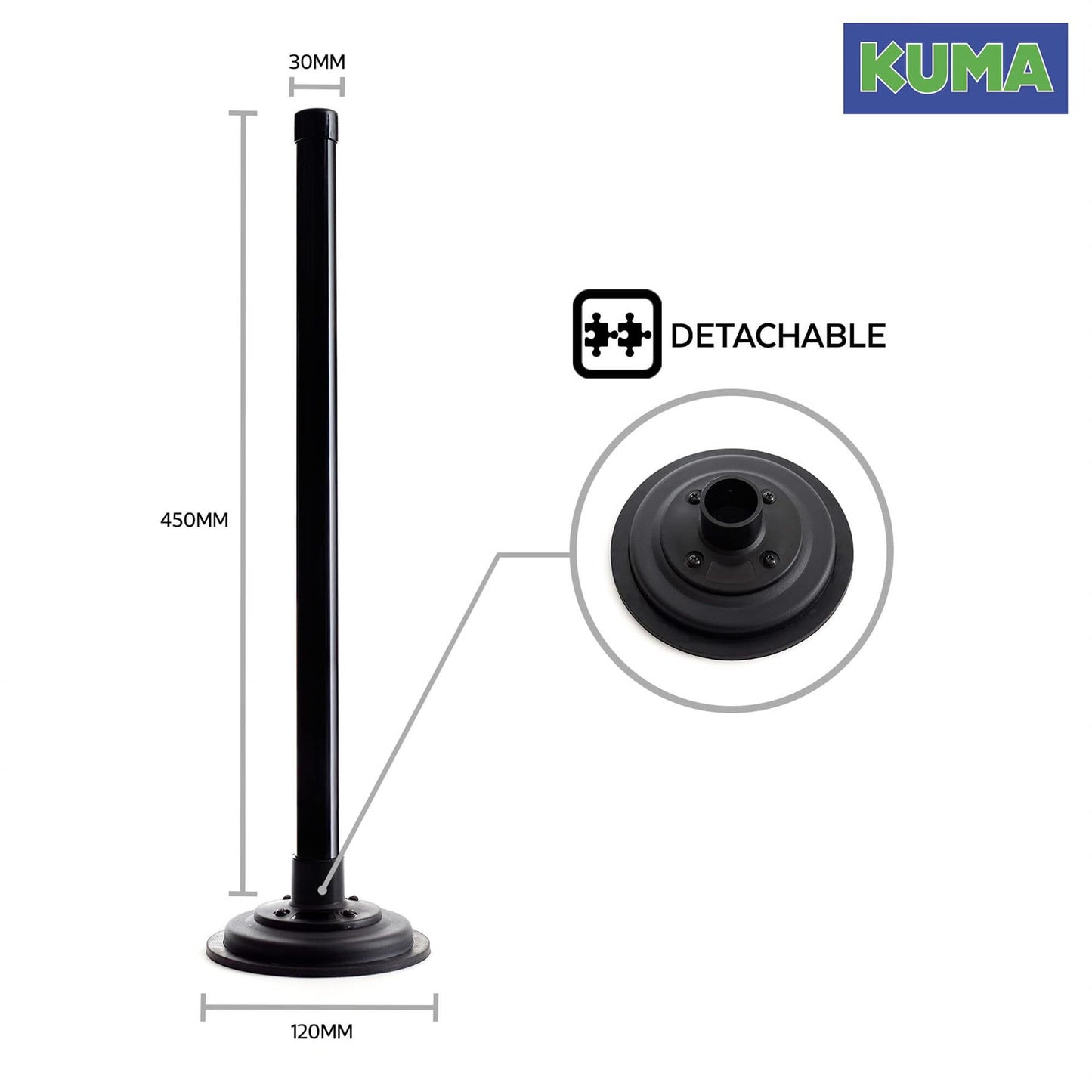 KUMA Magnetic Pole Mount for TV Aerial Antenna - 450mm Magnet Mounting Loft Mast use in Caravan Motorhome Truck Boat - Also be use as Flag Display Sign Poster Paper Stand - Indoor or Outdoor - Black