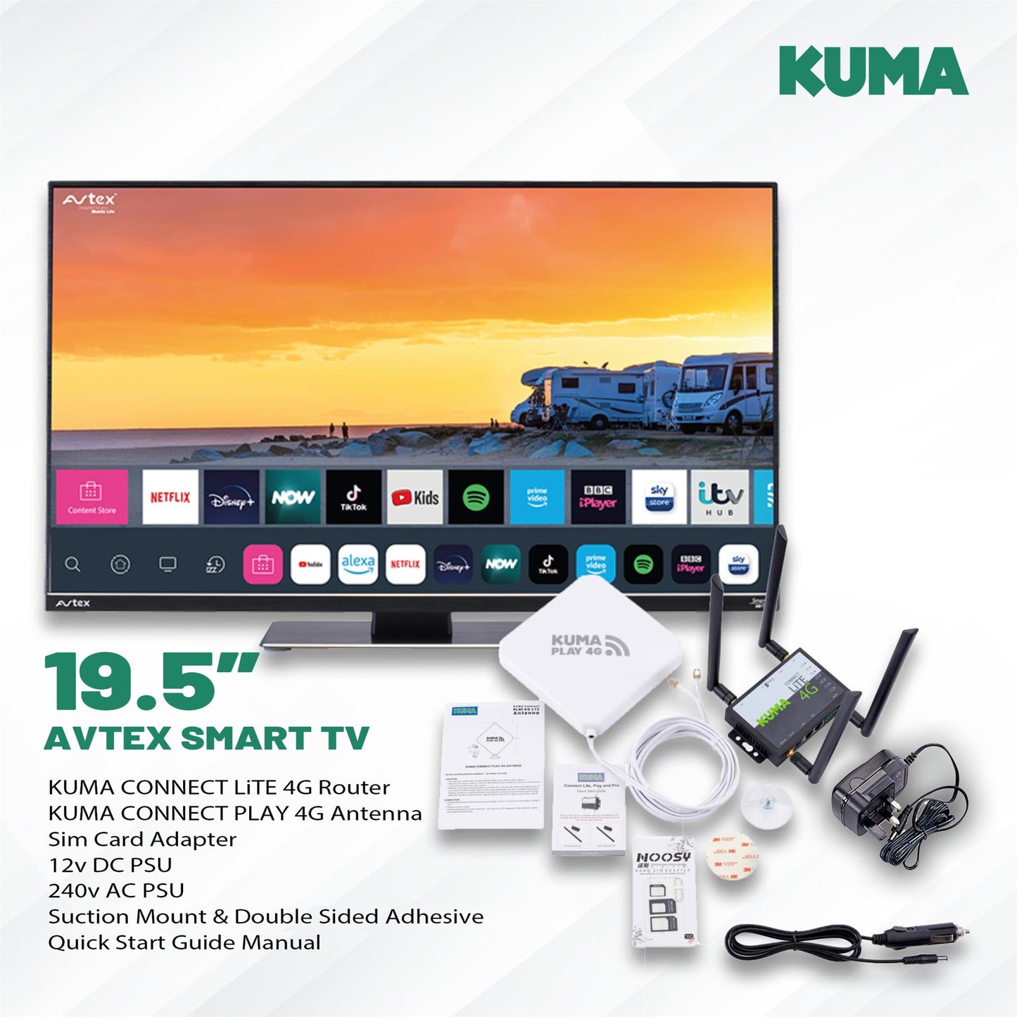 AVTEX W195TS 19.5" Smart TV & KUMA CONNECT PLAY Kit - 12v 19.5 inch Super Slim LED Wifi Bluetooth Full HD Television & SIM Unlocked 4G Router & Indoor Antenna Booster with Netflix Amazon Prime YouTube