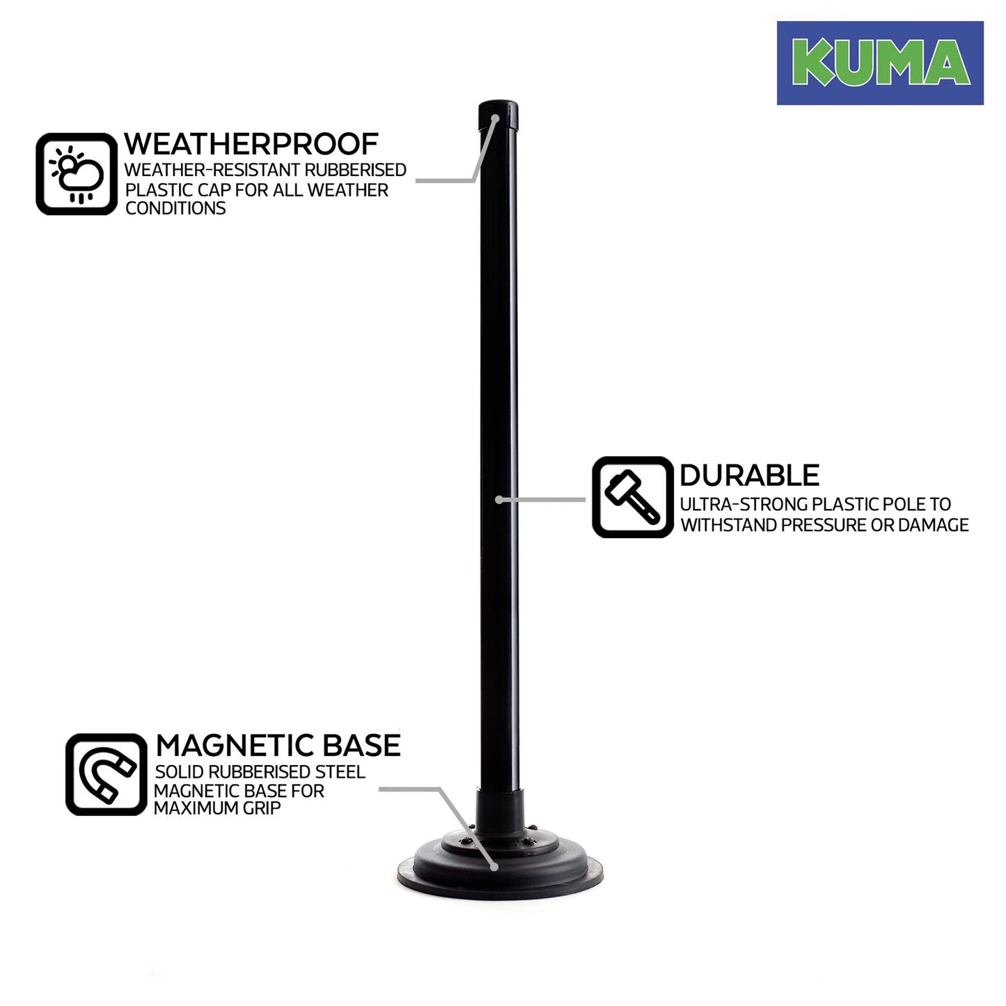 KUMA Magnetic Pole Mount for TV Aerial Antenna - 300mm Magnet Mounting Loft Mast use in Caravan Motorhome Truck Boat - Also be use as Flag Display Sign Poster Paper Stand - Indoor or Outdoor - Black