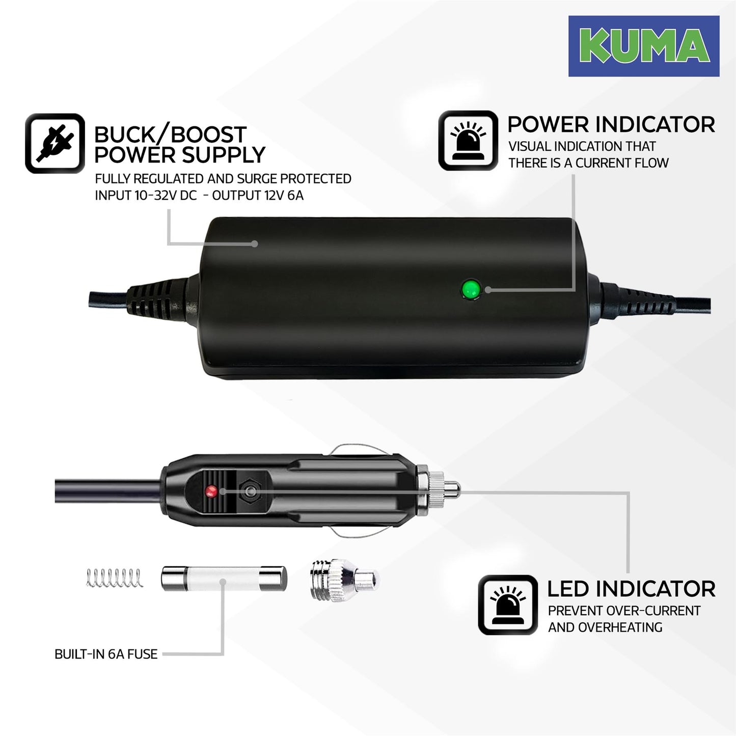 KUMA 12v TV Power Lead - Voltage Stabiliser Adapter with Cigarette Lighter Plug Input - Fully Regulated Adaptor Surge Protector Regulator for LED LCD SAT NAV Satellite Navigation Television - 12 volts