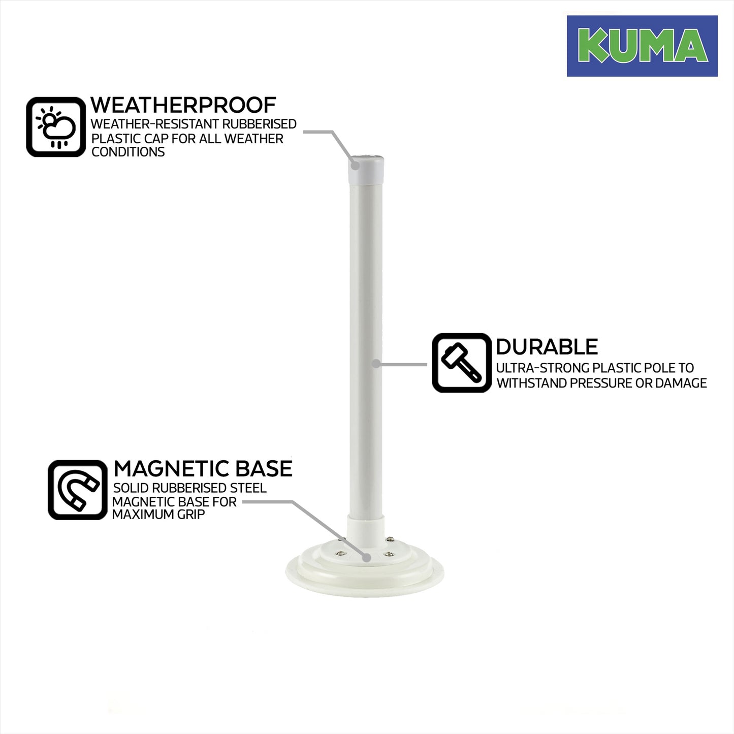 KUMA Magnetic Pole Mount for TV Aerial Antenna - 300mm Magnet Mounting Loft Mast use in Caravan Motorhome Truck Boat - Also be use as Flag Display Sign Poster Paper Stand - Indoor or Outdoor - White