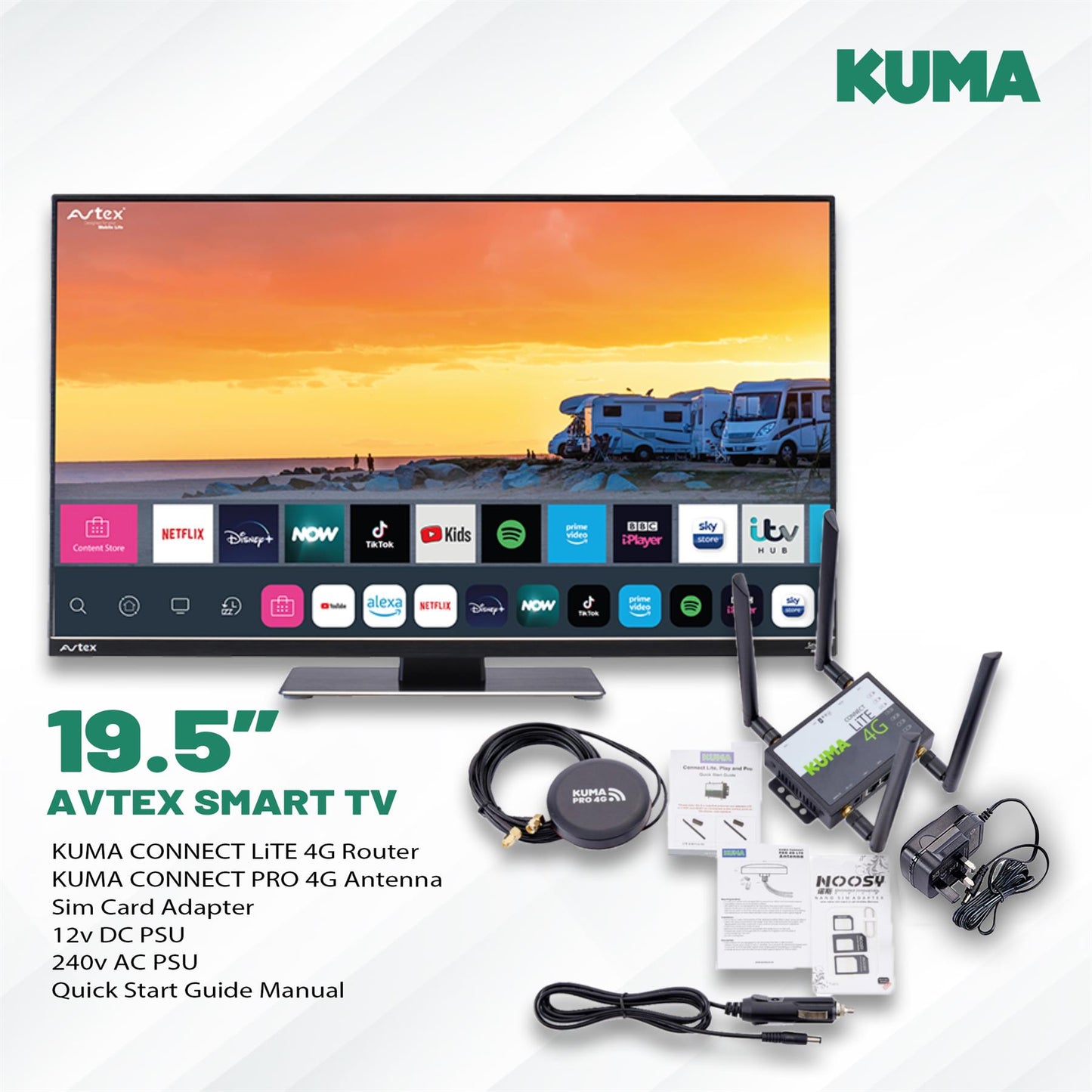 AVTEX W195TS 19.5" Smart TV & KUMA CONNECT PRO Kit - 12v 19.5 inch Super Slim LED Wifi Bluetooth Full HD Television & SIM Unlocked 4G Router & Outdoor Antenna Booster with Netflix Amazon Prime YouTube