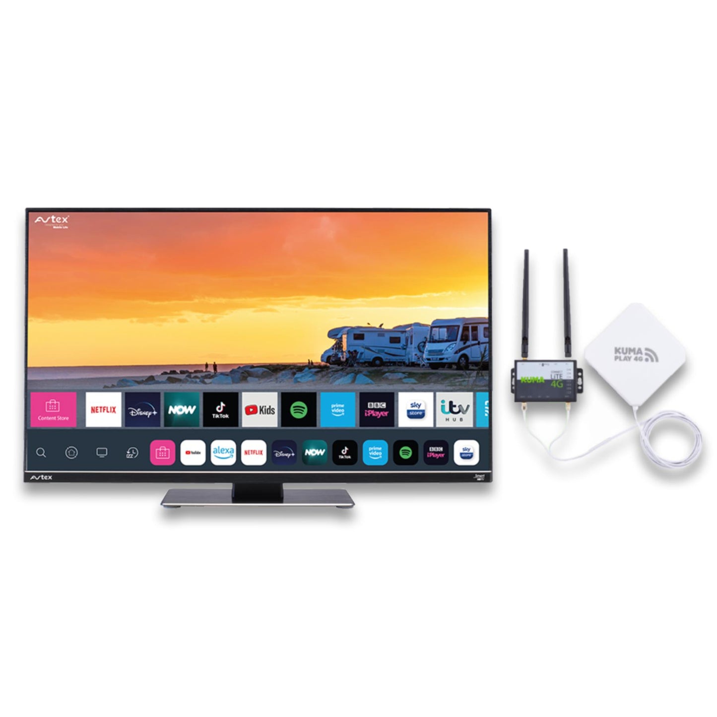 AVTEX W215TS 21.5" Smart TV & KUMA CONNECT PLAY Kit - 12v 21.5 inch Super Slim LED Wifi Bluetooth Full HD Television & SIM Unlocked 4G Router & Indoor Antenna Booster with Netflix Amazon Prime YouTube