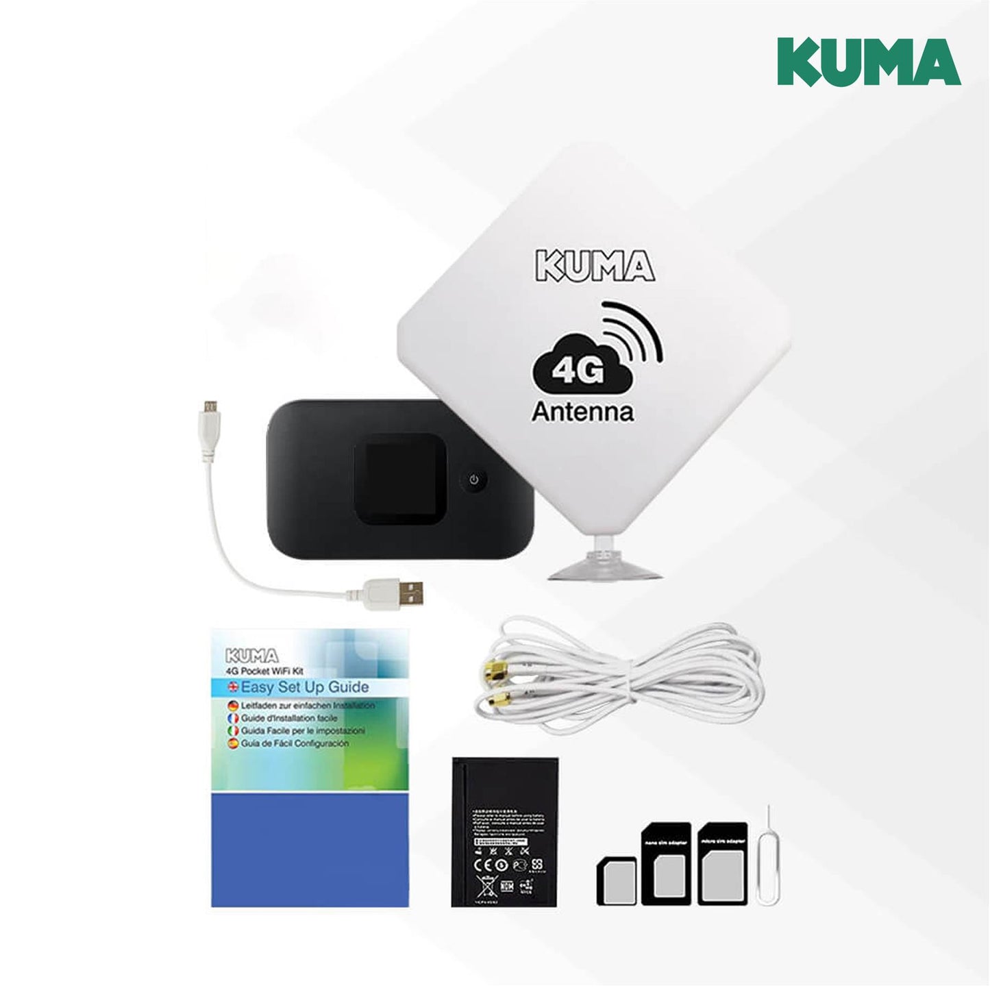 KUMA 4G Wifi Booster Router Kit - 300Mbps Hotspot Pocket Wi-Fi Unlocked SIM & High Power LTE Signal Internet Antenna for Caravan Motorhome Boat Garden Office - Use as Wireless Modem when Wi Fi Enabled